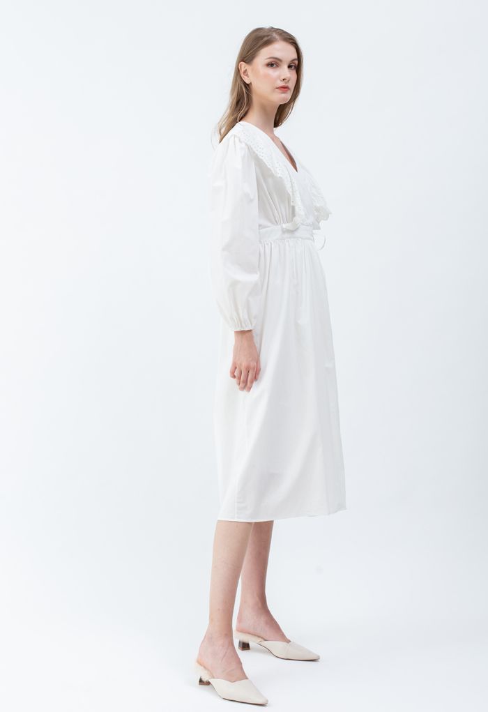Eyelet Ruffle Front Wrap Long Sleeves Dress in White