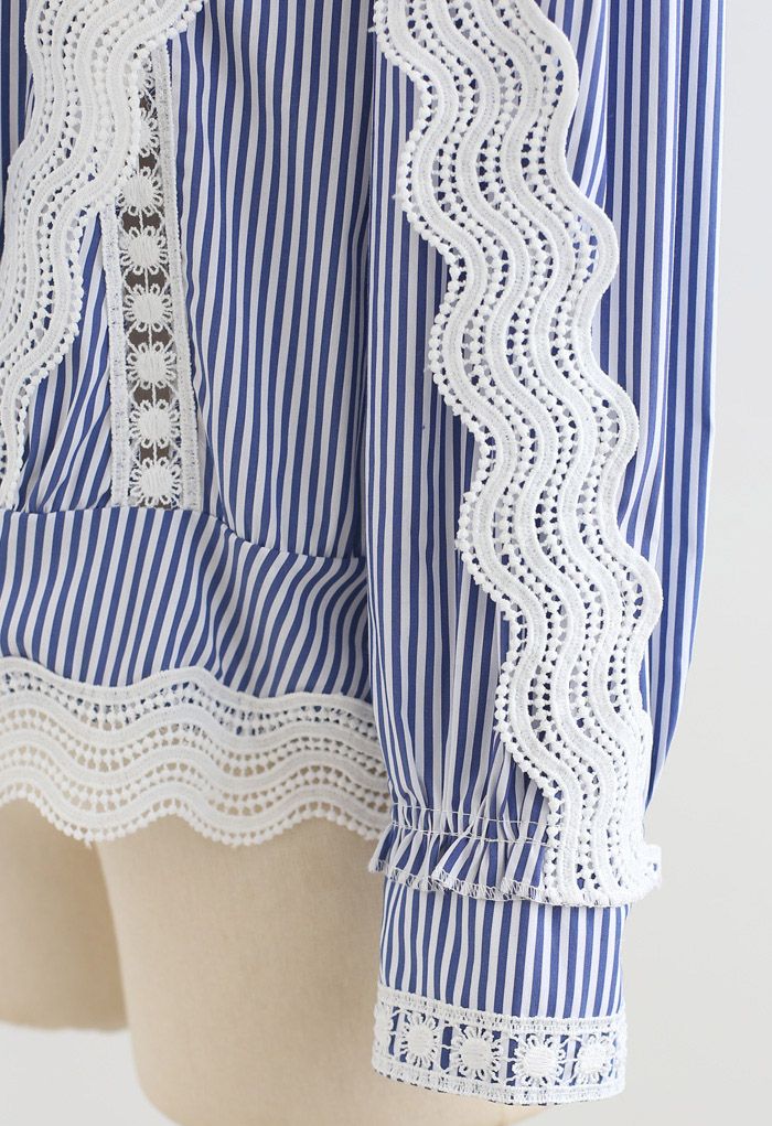 Buttoned Back Crochet Eyelet Top in Stripe