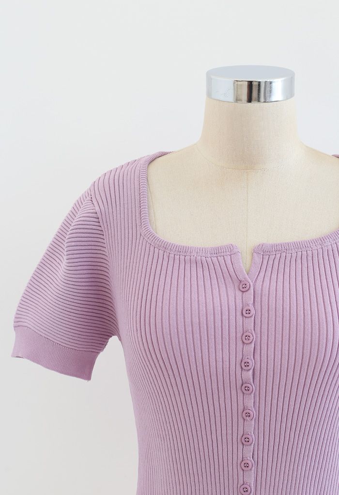 Short Sleeves Button Down Fitted Knit Top in Lilac