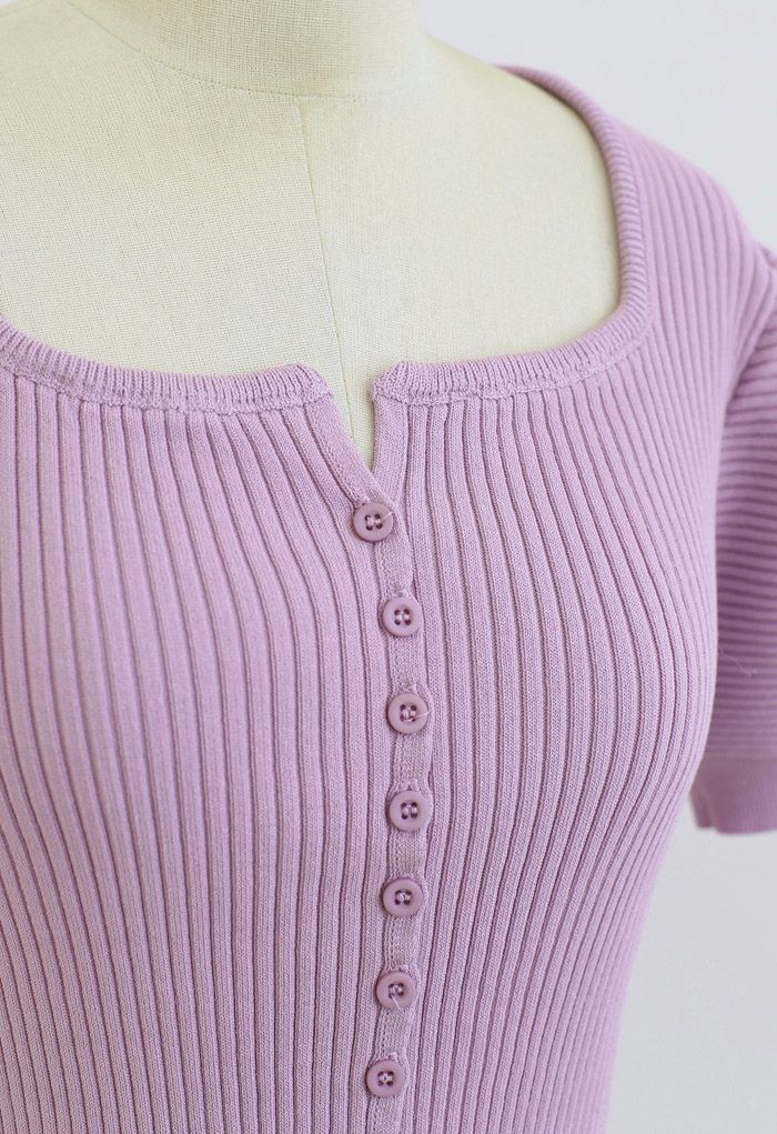 Short Sleeves Button Down Fitted Knit Top in Lilac