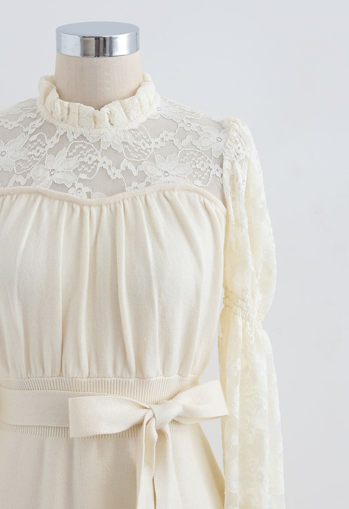 Lace Panelled Belted Knit Dress in Cream