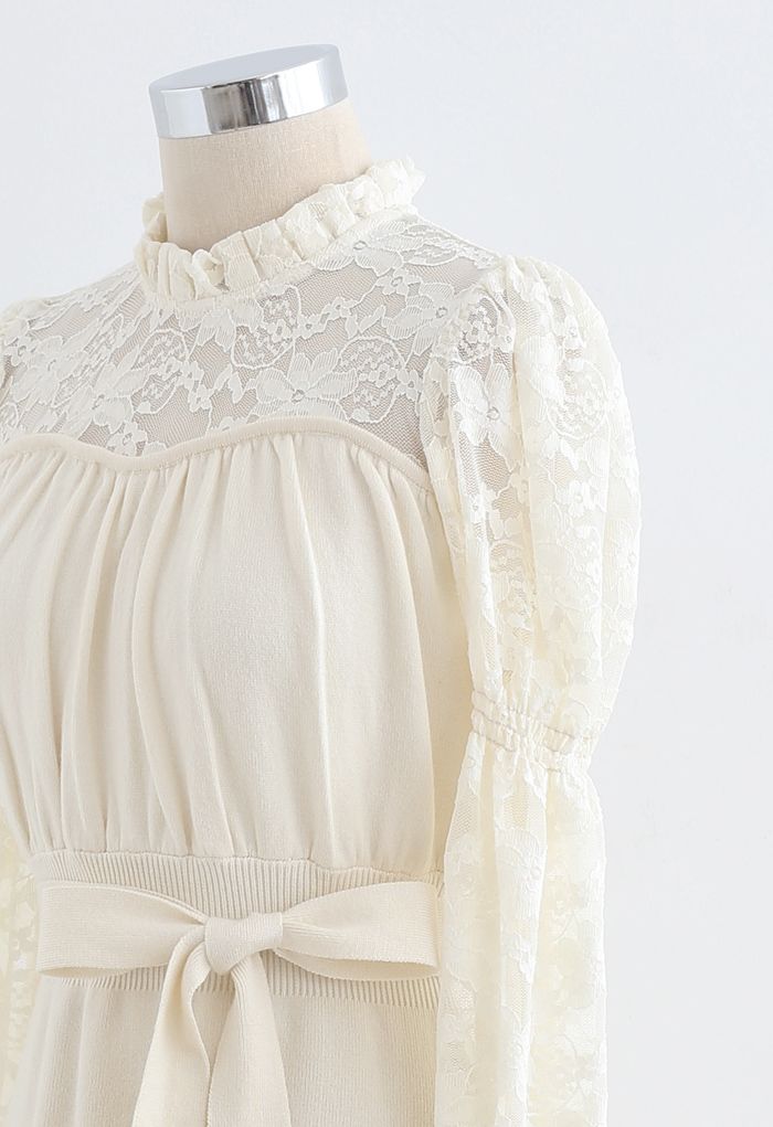Lace Panelled Belted Knit Dress in Cream