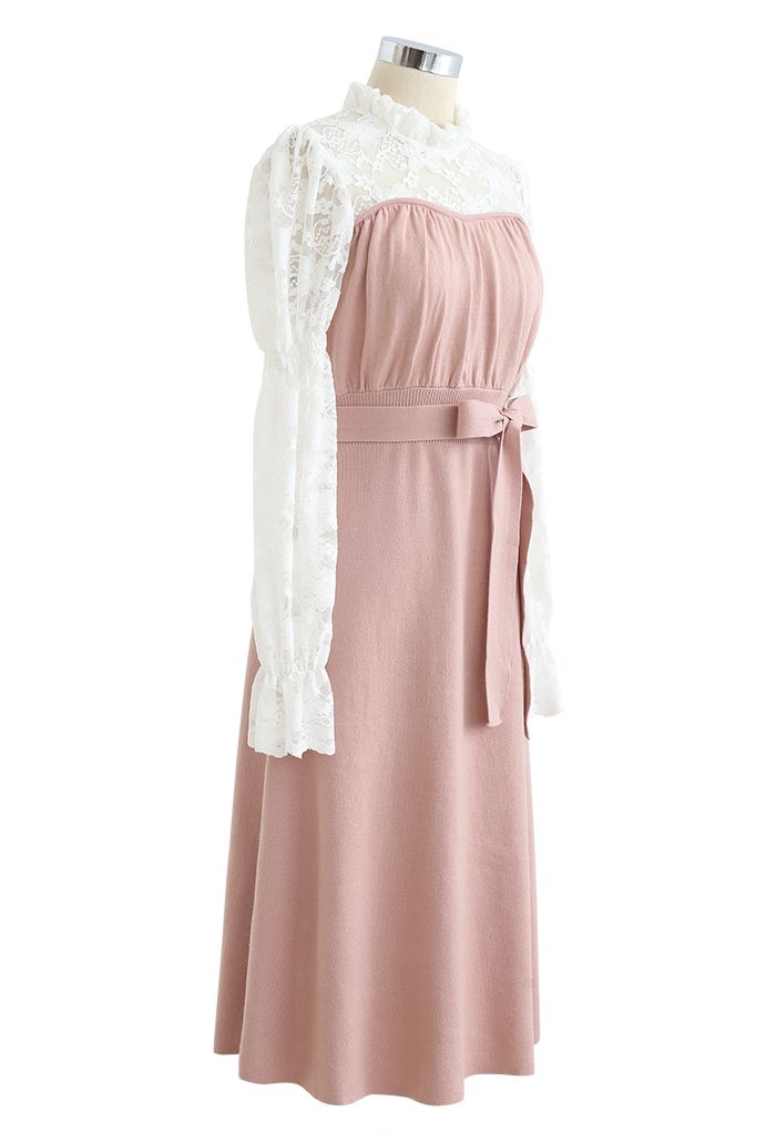 Lace Panelled Belted Knit Dress in Pink