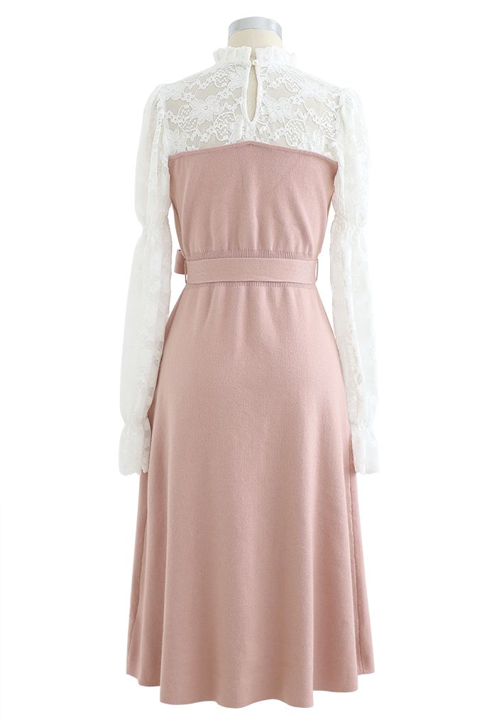 Lace Panelled Belted Knit Dress in Pink