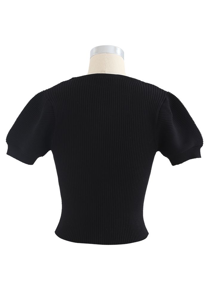 Short Sleeves Button Down Fitted Knit Top in Black