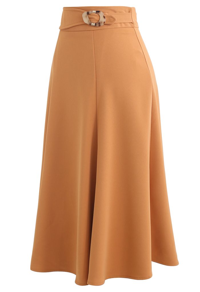 Marble Buckle Belted Flare Midi Skirt in Orange