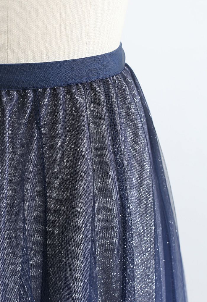 Gradient Glittery Velvet Mesh Midi Skirt in Navy