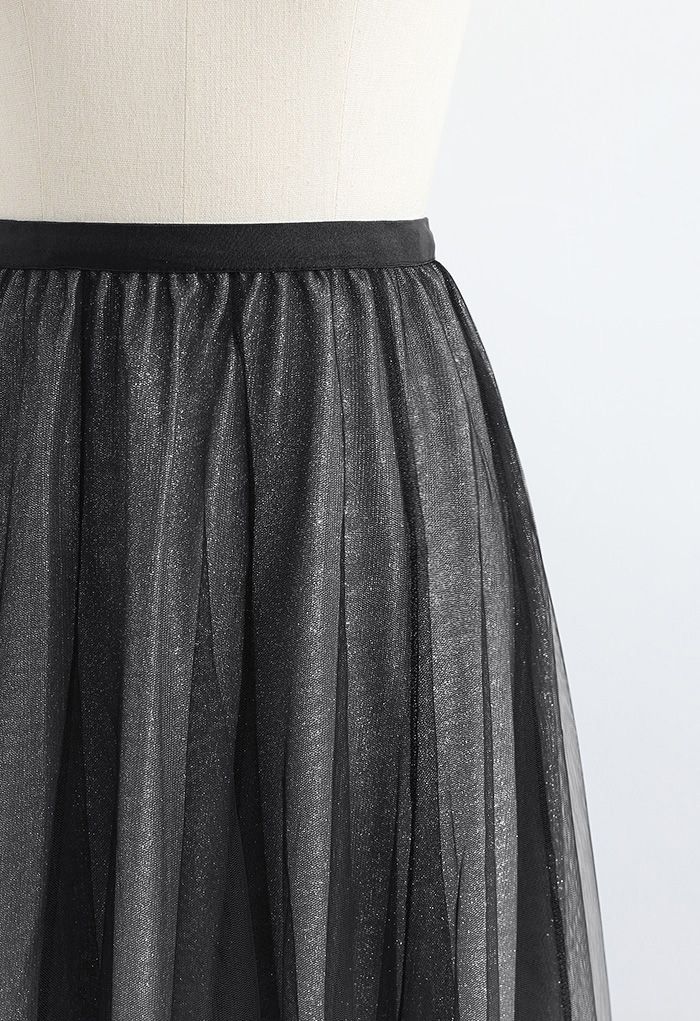 Gradient Glittery Velvet Mesh Midi Skirt in Black
