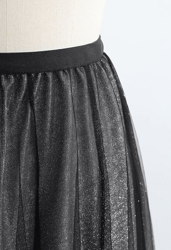 Gradient Glittery Velvet Mesh Midi Skirt in Black