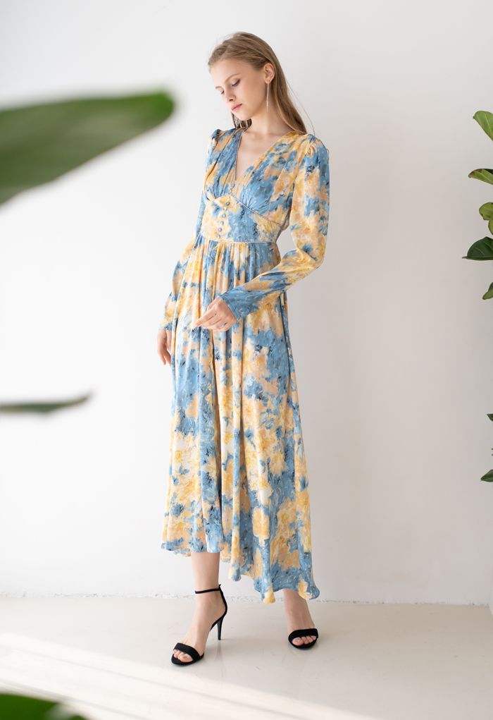 Crystal Trimmed Watercolor Painting Floral Maxi Dress