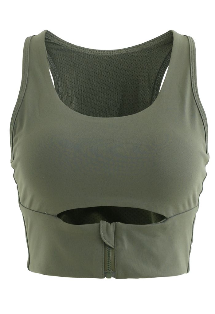 Zipper Cut Out Front Low-Impact Sports Bra in Army Green - Retro