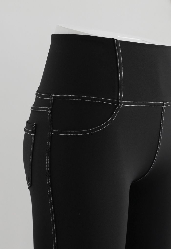 Seam Detail Back Patched Pocket Crop Leggings in Black