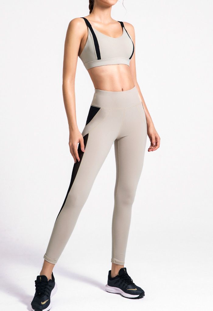 Two-Tone Sports Bra and Mesh Inserted Leggings Set in Sand
