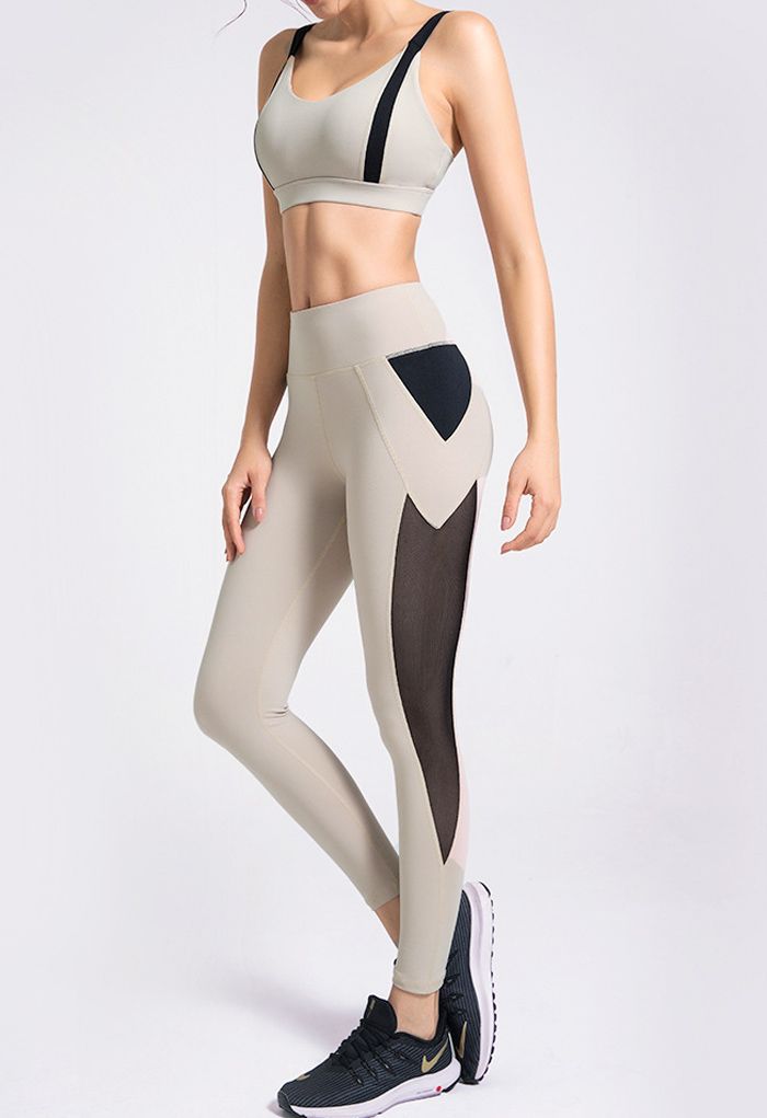Two-Tone Sports Bra and Mesh Inserted Leggings Set in Sand