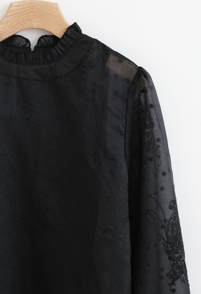 Butterfly Dots Embroidered Organza Sheer Top in Black