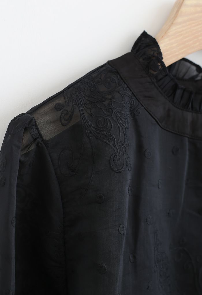 Butterfly Dots Embroidered Organza Sheer Top in Black