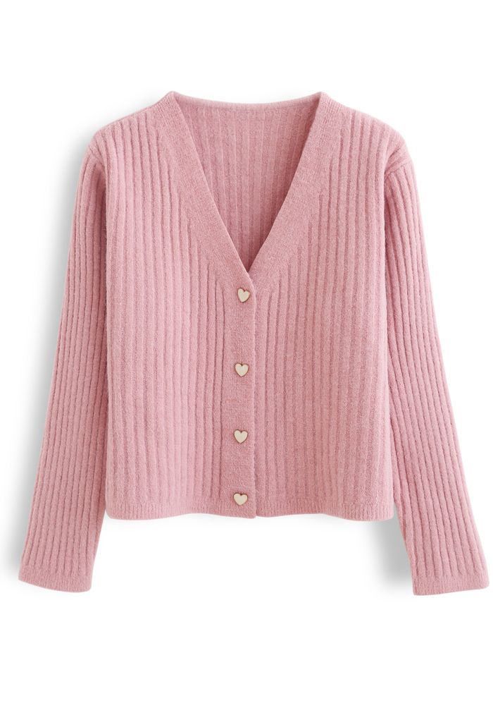 Cozy V-Neck Ribbed Knit Cardigan in Pink
