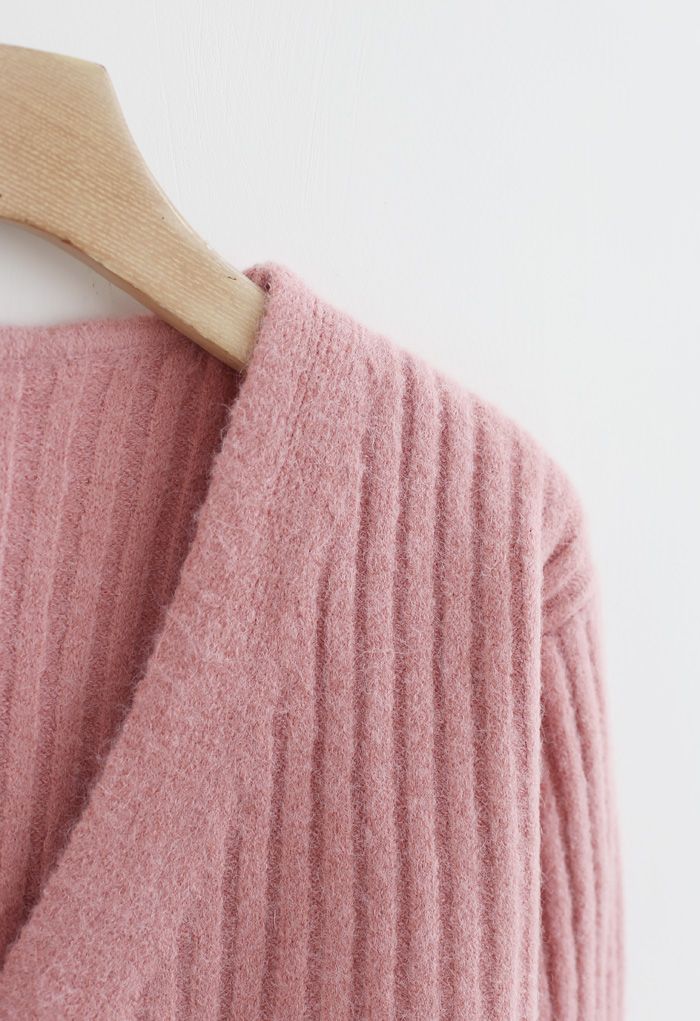 Cozy V-Neck Ribbed Knit Cardigan in Pink