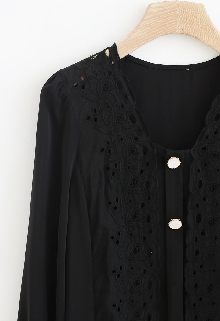Embroidered Floral Button Trim Top in Black