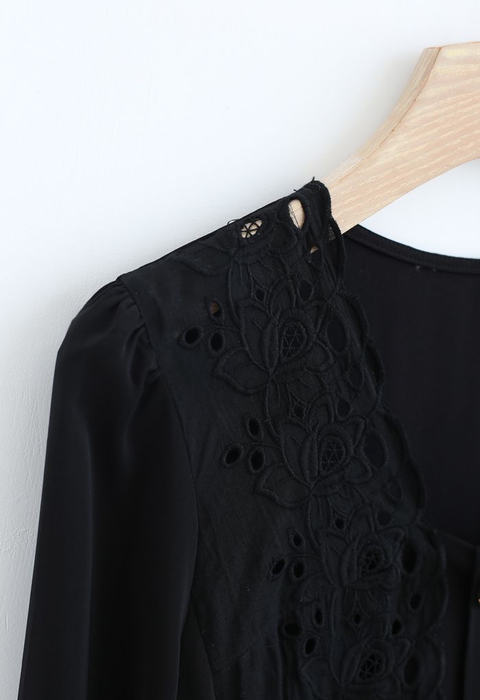 Embroidered Floral Button Trim Top in Black