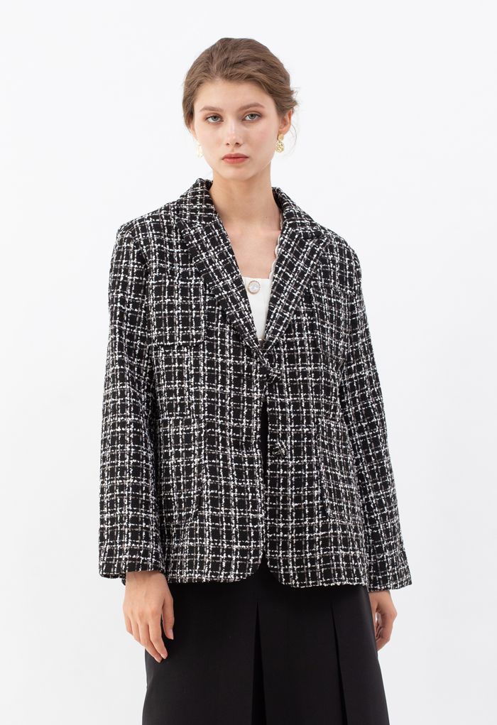 Patched Pockets Tweed Check Blazer in Black