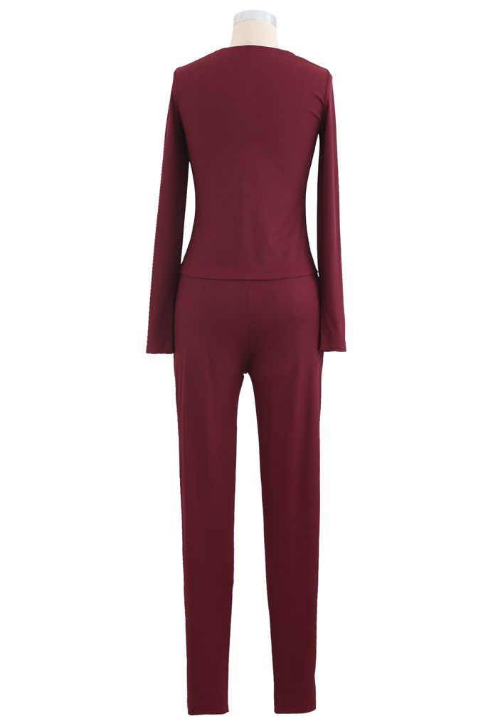 Fitted Zipper Front Top and Skinny Pants Set in Wine