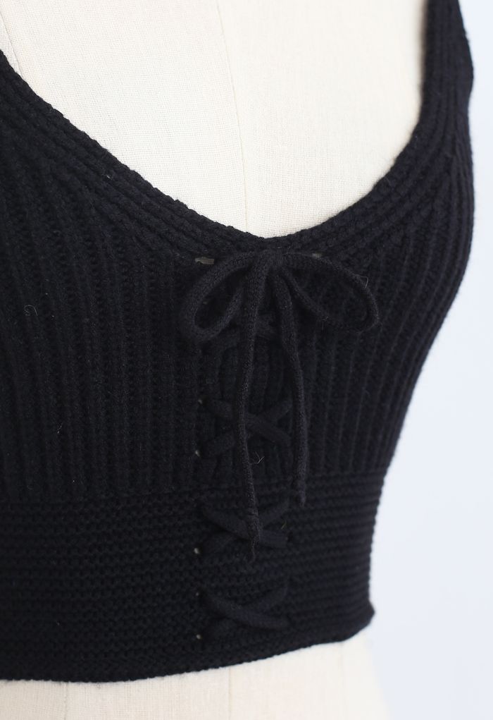 Lace-Up Crop Rib Knit Tank Top in Black