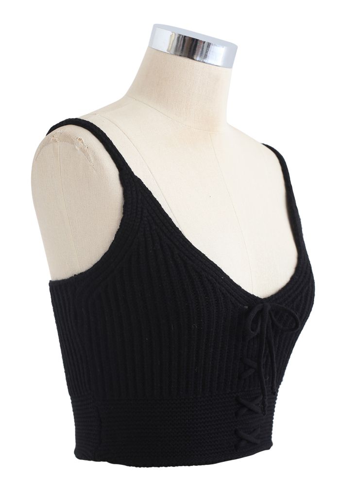 Lace-Up Crop Rib Knit Tank Top in Black