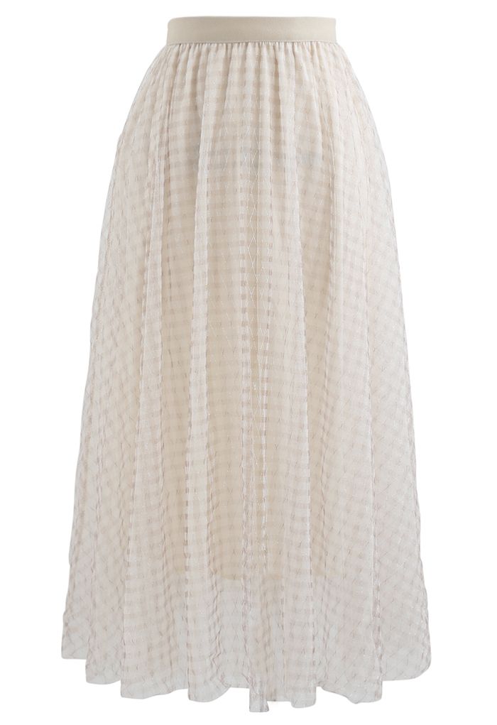 Metallic Thread Double-Layered Tulle Mesh Skirt in Cream