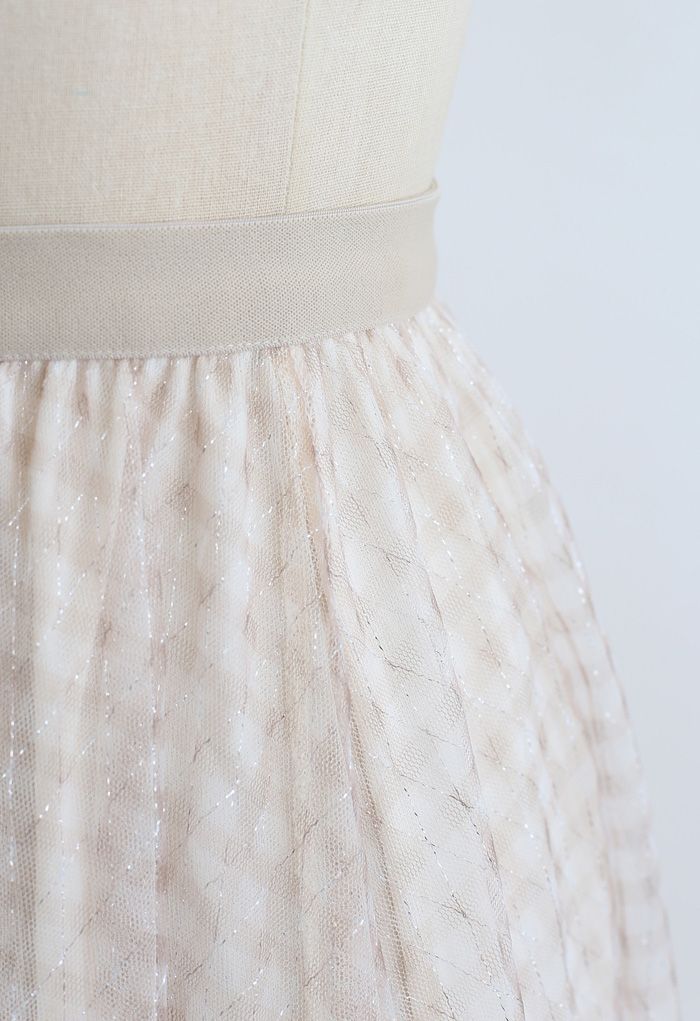 Metallic Thread Double-Layered Tulle Mesh Skirt in Cream