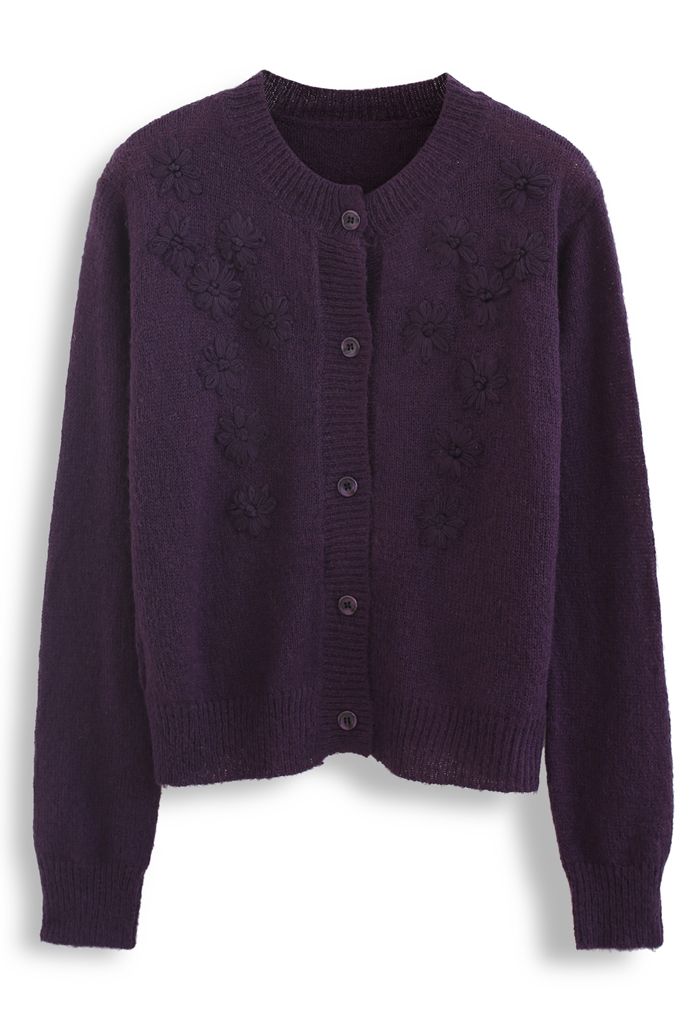 Delicate Stitch Flower Knit Cardigan in Purple