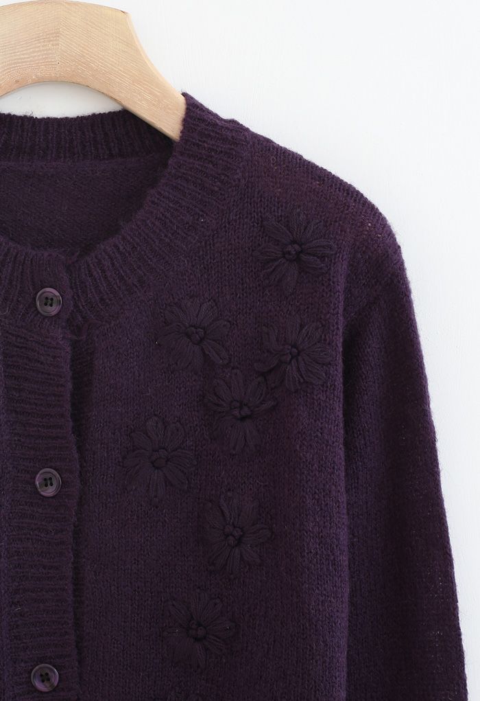 Delicate Stitch Flower Knit Cardigan in Purple
