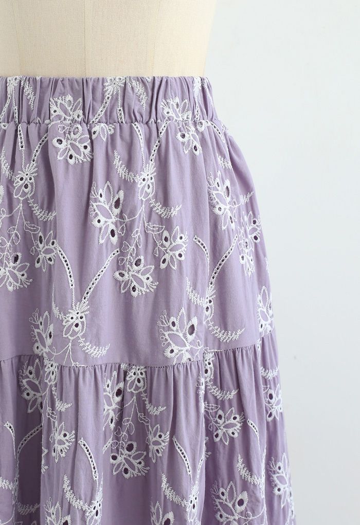 Embroidered Flowers Midi Skirt in Lilac