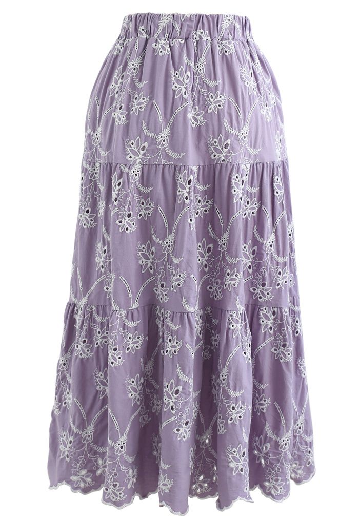 Embroidered Flowers Midi Skirt in Lilac