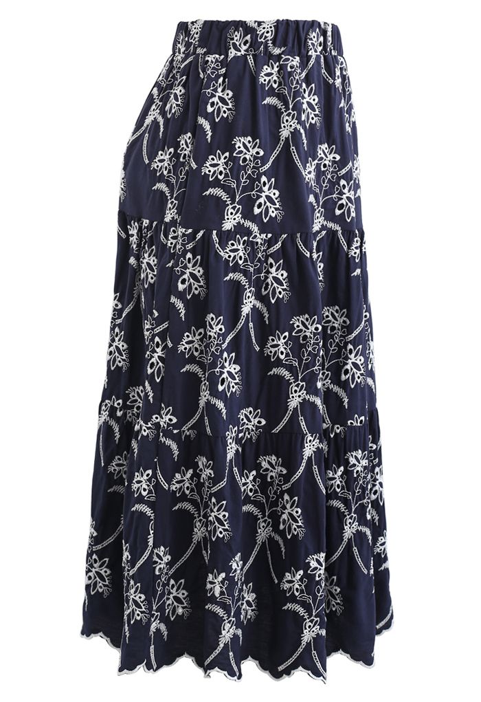 Embroidered Flowers Midi Skirt in Navy