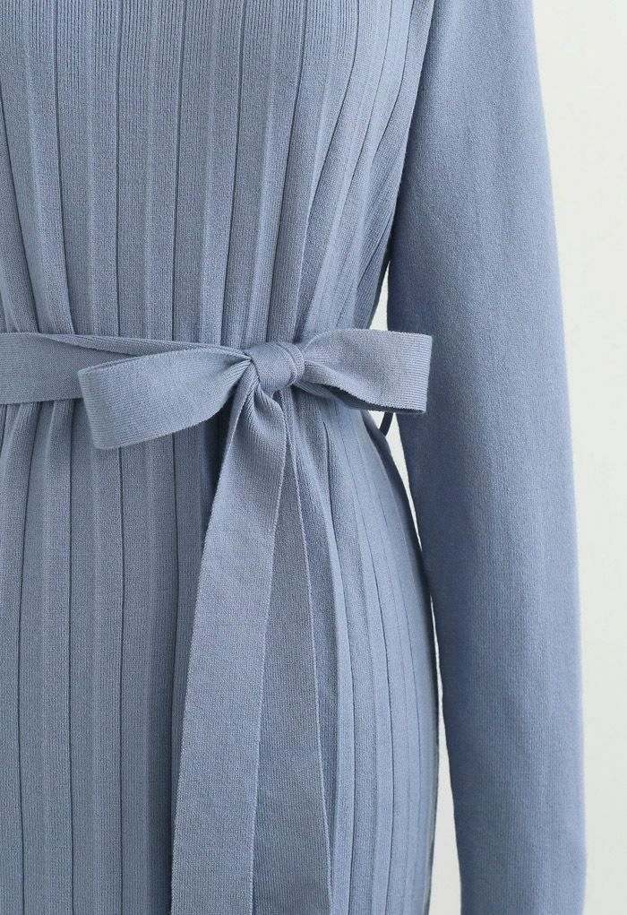 V-Neck Self-Tied Bowknot Knit Dress in Blue