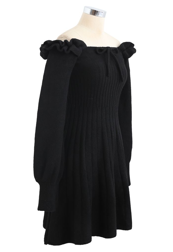Ruffle Square Neck Knit Midi Dress in Black