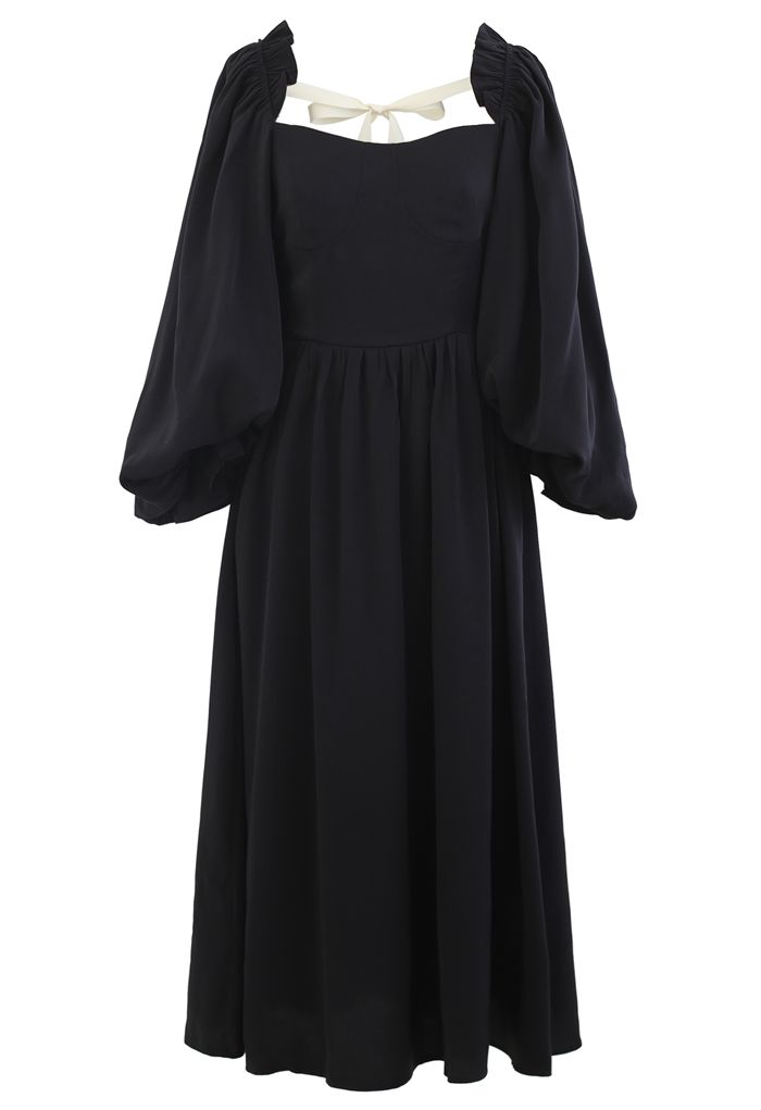 Dramatic Puff Sleeve Shirred Dress in Black
