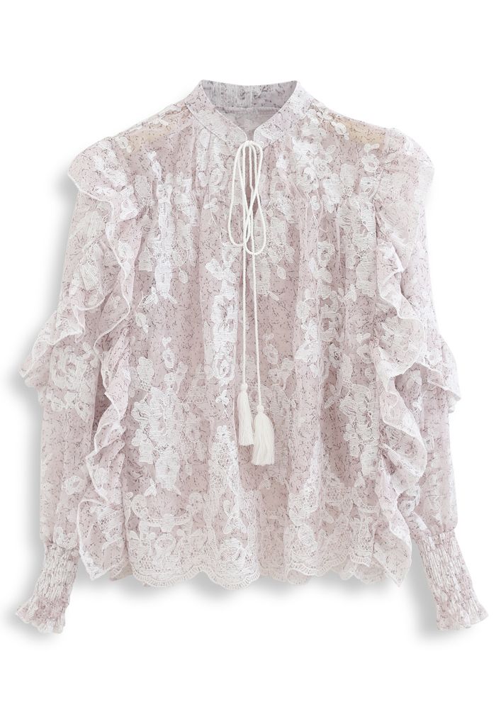 Tassel V-Neck Embroidered Ruffle Organza Top in Lilac