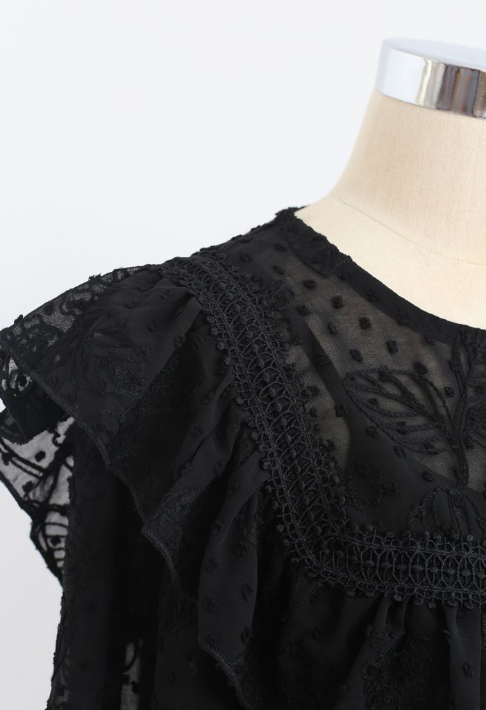 Ruffle Embroidered Floral Chiffon Top in Black