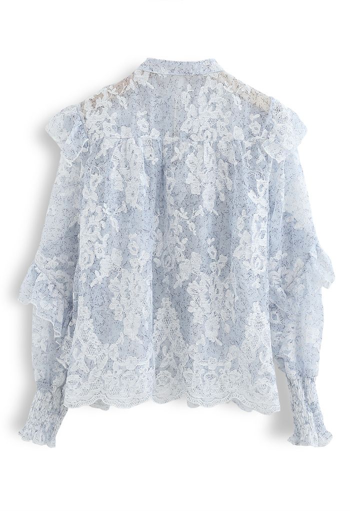 Tassel V-Neck Embroidered Ruffle Organza Top in Blue