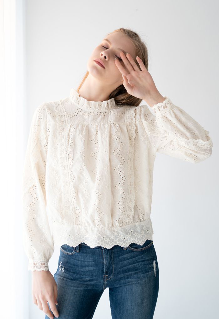 High Neck Eyelet Embroidered Floret Top in Cream