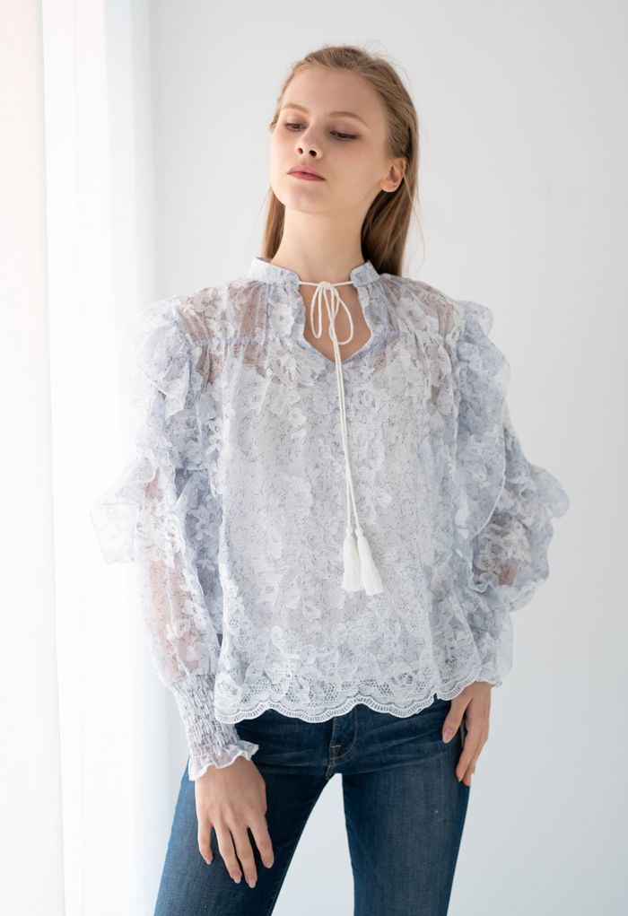 Tassel V-Neck Embroidered Ruffle Organza Top in Blue