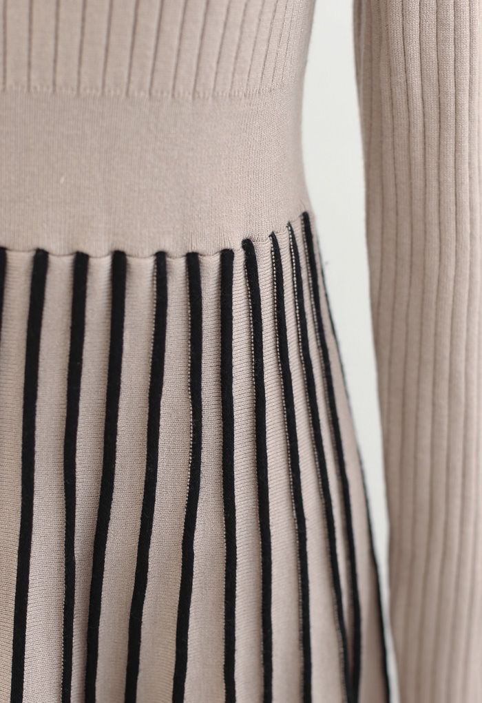 Contrast Lines Fitted Rib Knit Midi Dress in Tan