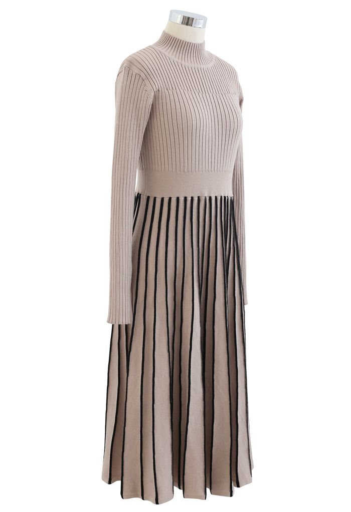 Contrast Lines Fitted Rib Knit Midi Dress in Tan