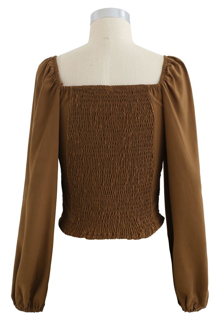 Twist Front Shirred Back Crop Top in Brown
