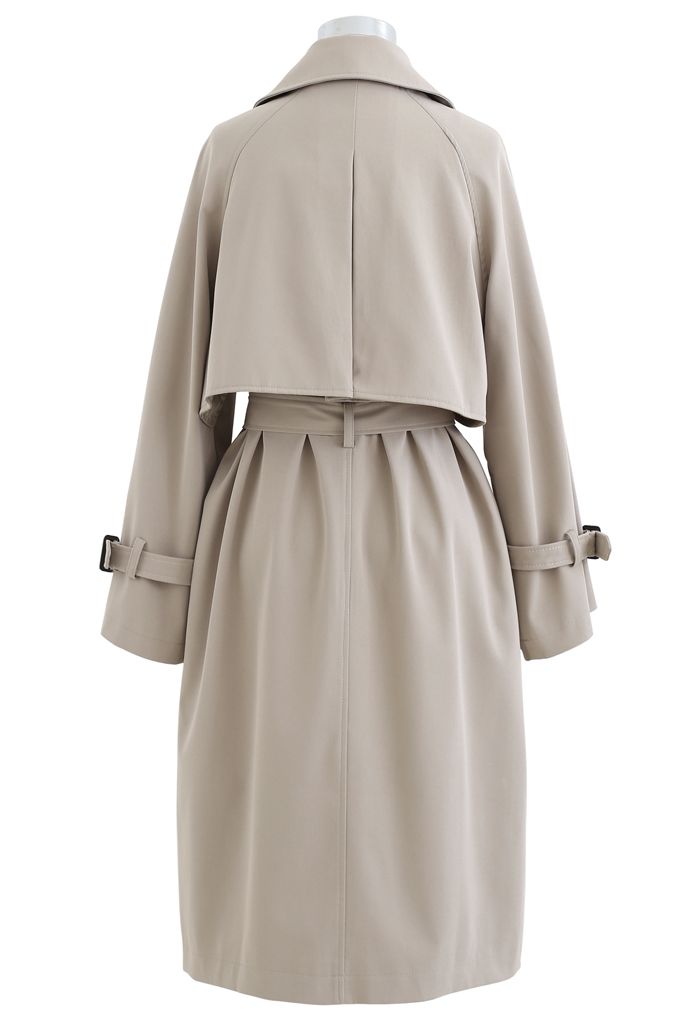 Flap Pockets Double-Breasted Belted Trench Coat in Sand