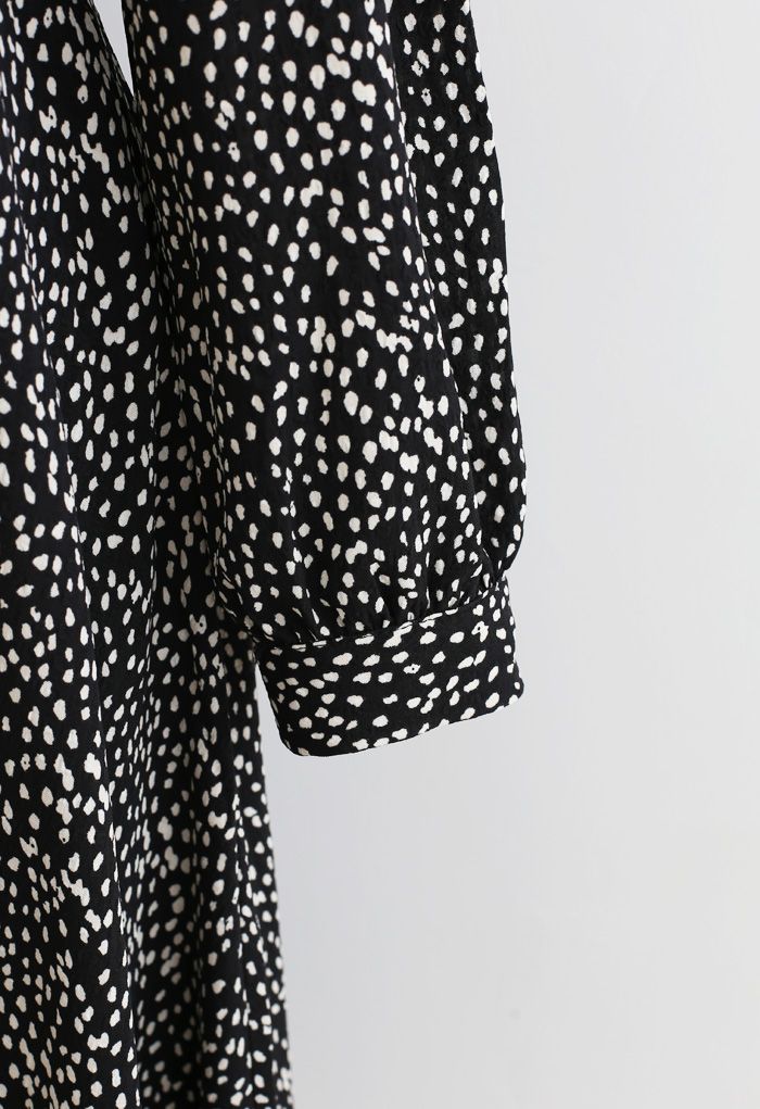 Dots Print Scoop Neck Sleeves Midi Dress in Black