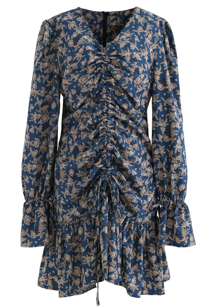 Floral Drawstring Ruched Front Dress in Indigo