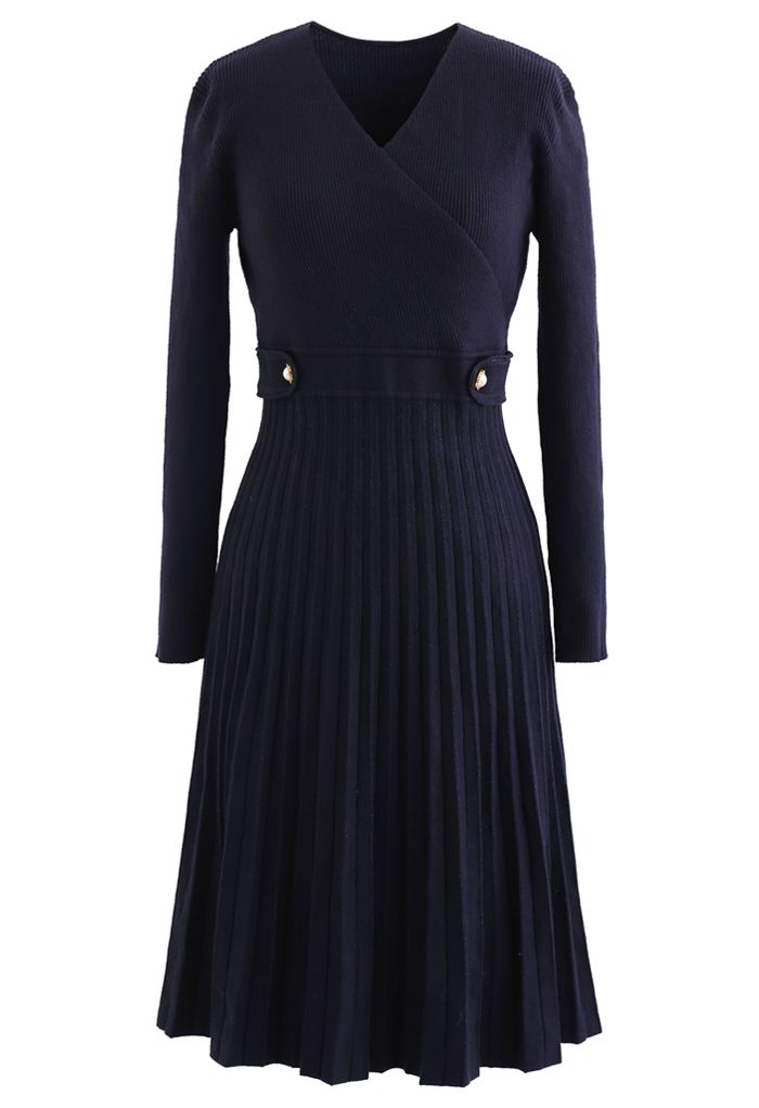 Button Embellished Wrap Pleated Knit Dress in Navy - Retro, Indie and ...